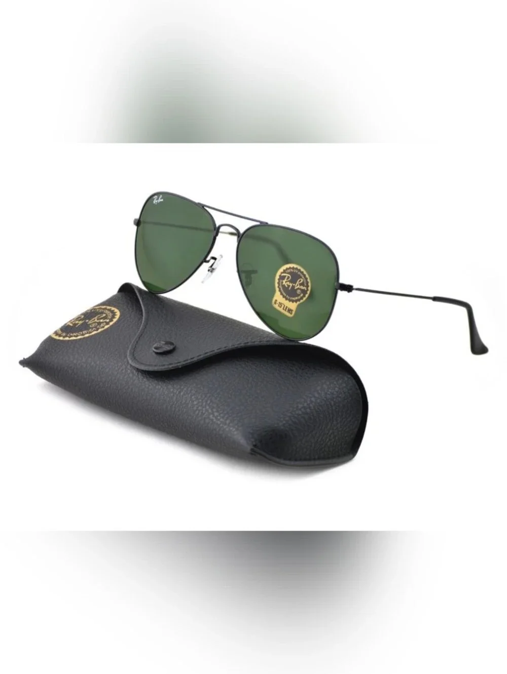 New With Box 62mm Ray-Ban Aviator Black Frames Green Lenses G-15 Lens RB3026